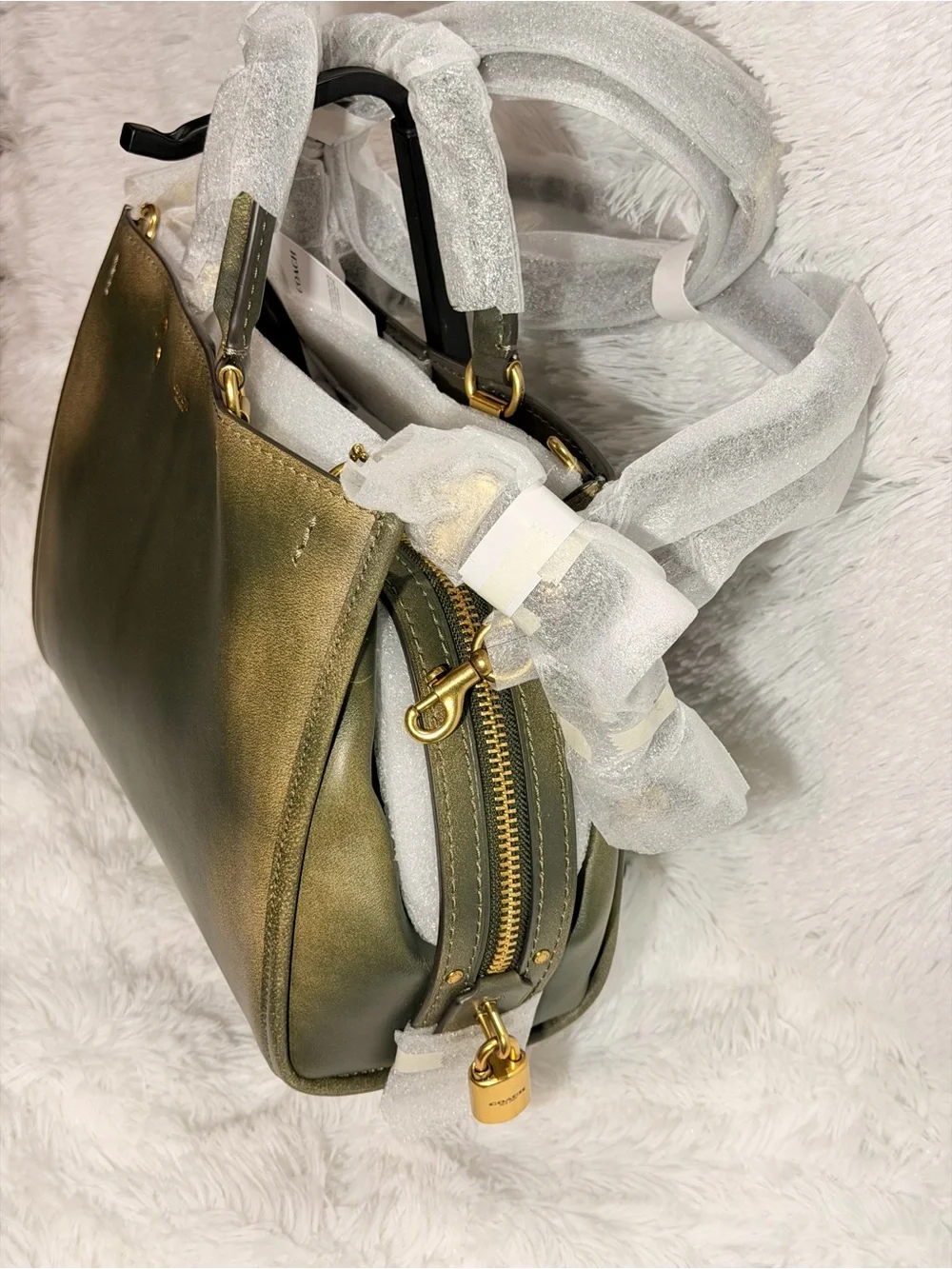 Coach Loved Leather Rogue 31 Bag Brass/Green Rub-off Soft Full Grain leather NWT